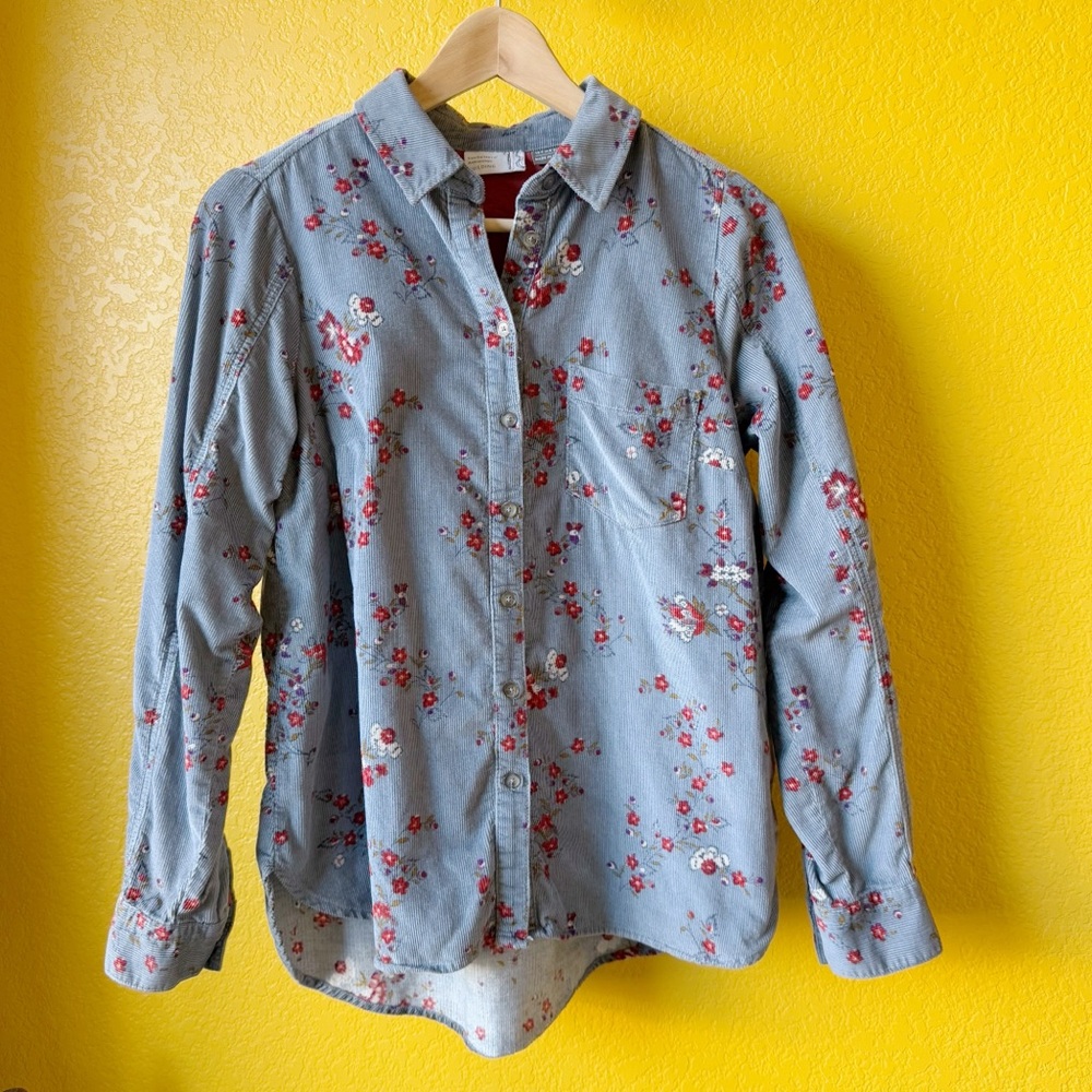 Anthropologie Blue Grey Soft Corduroy Ribbed Floral Long Sleeve Button Shirt